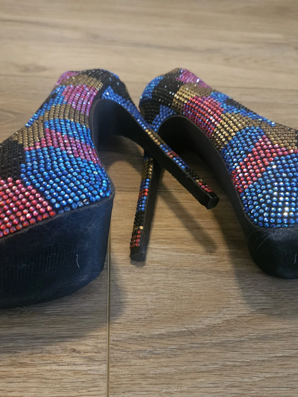 Steve Madden Rhinestone Black Heels with Blue, Pink & Gold Crystal Accents